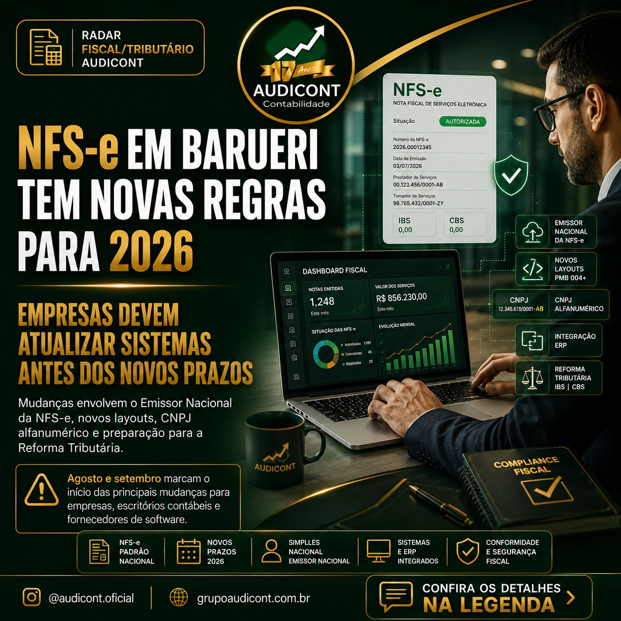 🚨 RADAR FISCAL/TRIBUTÁRIO AUDICONT Atenção, empresas de Barueri e região! 📢 A NFS-e passa por importantes mudanças em 2026, exigindo que empresas, escritórios contábeis e fornecedores de software adequem seus sistemas para atender às novas regras.