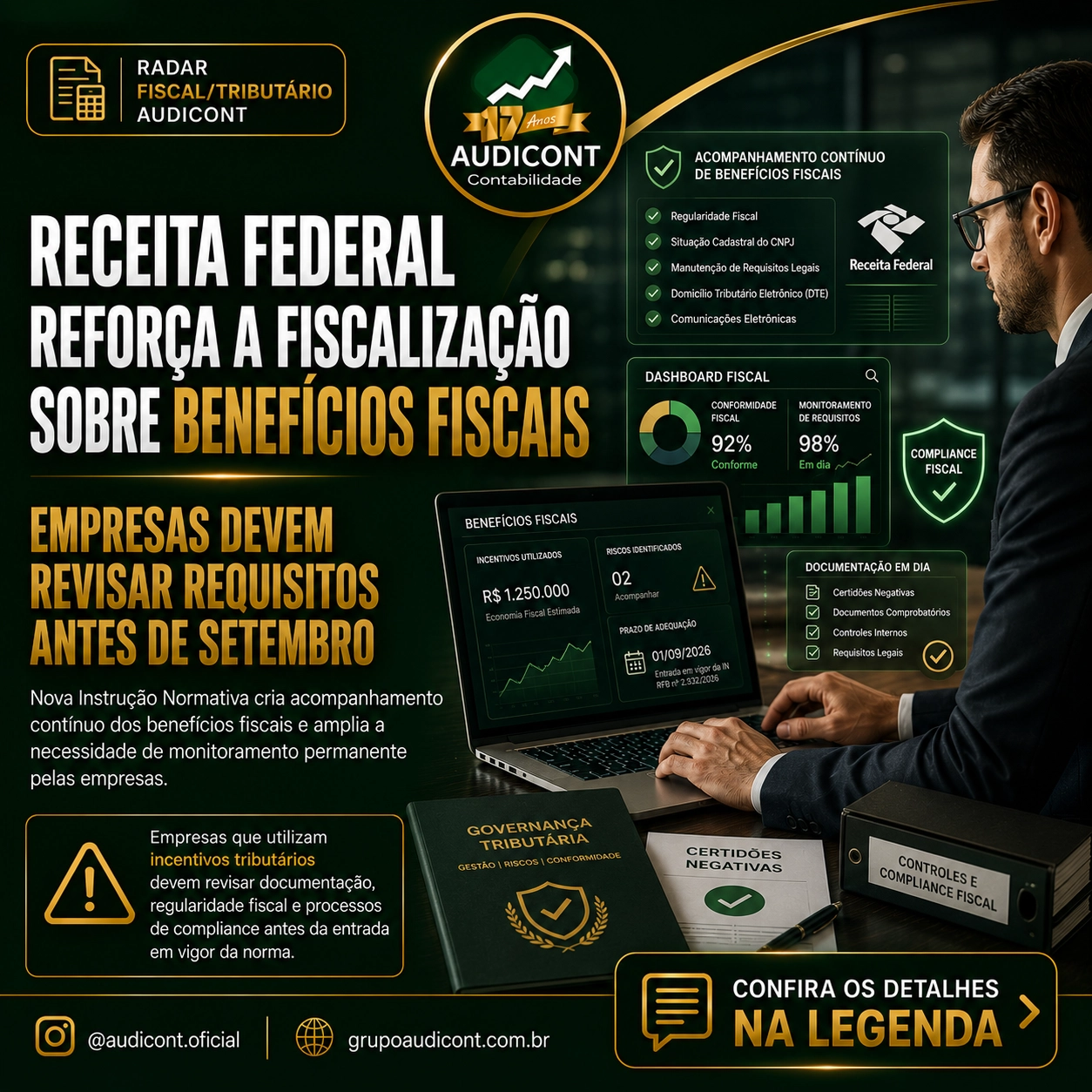 A Receita Federal intensificará o acompanhamento das empresas que utilizam benefícios fiscais, reforçando a necessidade de manter a documentação, a regularidade fiscal e os requisitos legais sempre em conformidade.